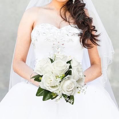 Eforcase Wedding Bouquet - Artificial White Rose Flower Bouquets for Bride and Bridesmaid - Faux Ribbon Holding Flowers for Wedding Decor