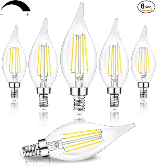 TOBUSA Dimmable E12 Candelabra LED Bulbs 60 Watt Incandescent Equivalent, 5000K Daylight White, Clear LED Chandelier Light Bulbs 6W, 600lm, CA11 Vintage Ceiling Fan Light Bulbs with Flame Tip, 6-Pack