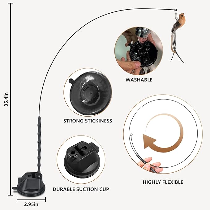 Cat Toys for Indoor Cats, Interactive Bird Cat Toy Self-Holding Suction Base with 5 Replaceable Birds, Door Hanging String, Feathers & Bells | Chase, Jump & Exercise for Kittens/Adult Cats-Mewly Pet