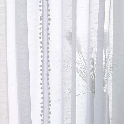 Treatmentex Pom-Pom Sheer White Curtains Extra Long 108-inch for Living Room, Slub Linen Textured White Sheer Window Drapes for Bedroom 2 Pack 52" w