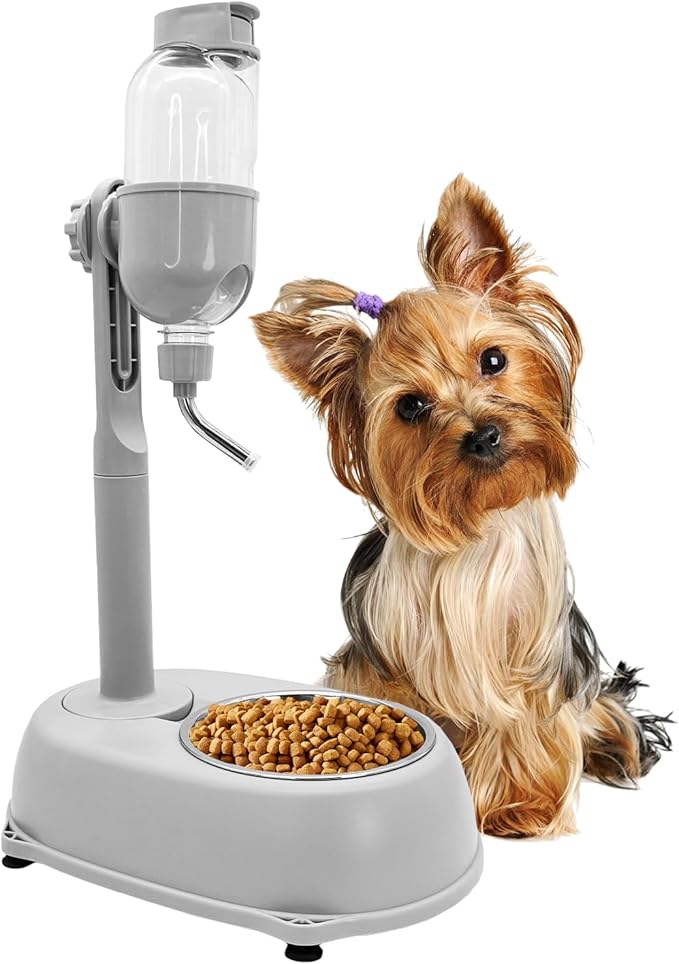 Fhiny Dog Water Feeder Bottle with Stand, Dispenser Automatic Water Food Bowl for Cage Leak-Proof No-Drip Adjustable Raised Pet Slow Water Bottle Dog Kennel Durable Drinker Container-Mewly Pet