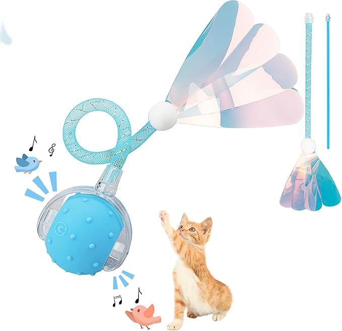 Interactive Cat Toys Ball for Indoor Cats, Automatic Agile Rolling Cat Ball with Elastic Mesh Tail, Bird Chirping & Motion Activated, 2 Tail Accessories, Kitten Toy for Bored (Blue)-Mewly Pet