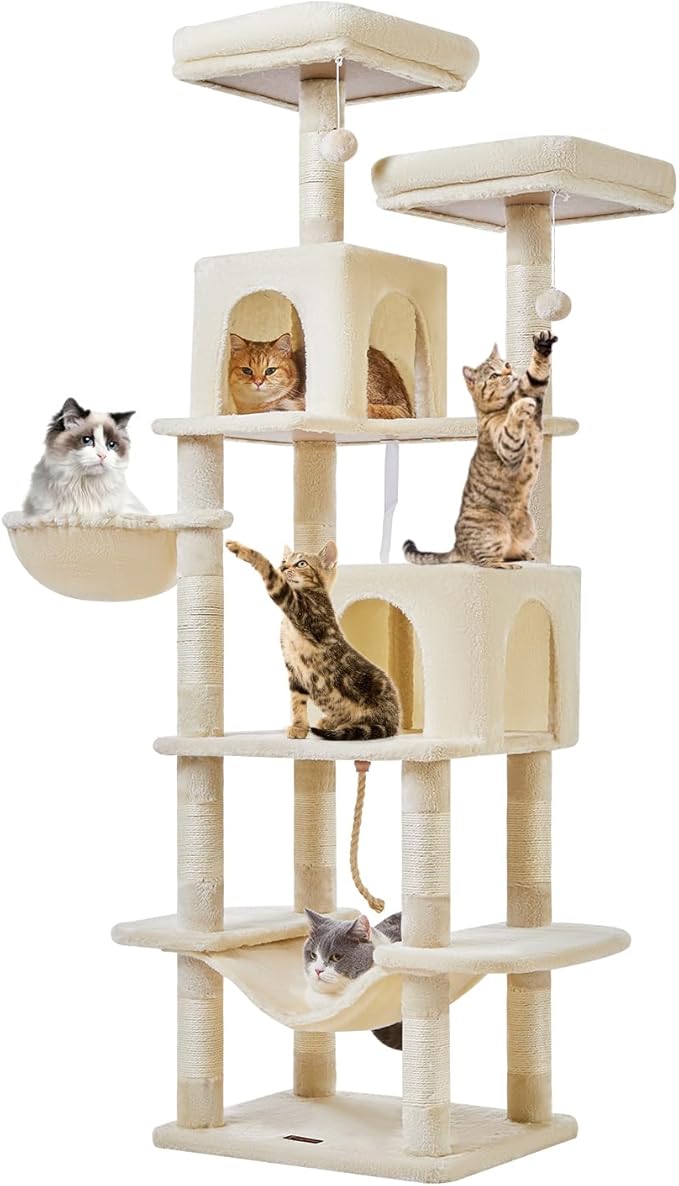Taoqimiao Cat Tree, 71.7-Inch Cat Tower for Indoor Cats, Plush Multi-Level Cat Condo with 13 Scratching Posts, 2 Perches, 2 Caves, Hammock, 2 Pompoms,Beige MS013LM-Mewly Pet