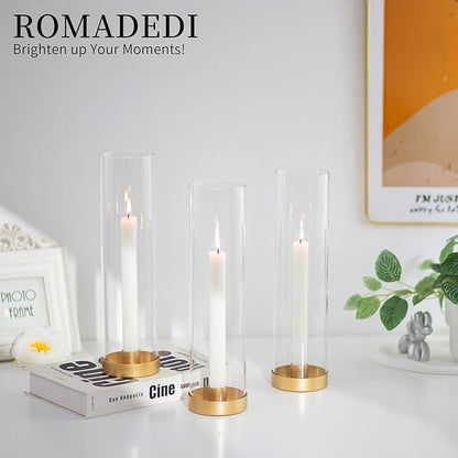Romadedi Glass Hurricane Candle Holders Gold - 12 Inch Taper Candlestick Holder Bulk Clear Glass Cylinder Table Centerpiece Wedding Decor Party Birthday Christmas Home Decorations, Set of 10