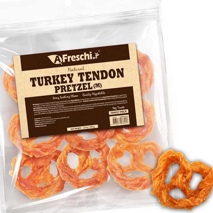 Afreschi Natural Turkey Tendon Pretzel (M) 10 oz, USA-Sourced Turkey Tendon, All Natural Puppy Chew, Hypoallergenic, Rawhide Alternative, for Medium Breeds-Mewly Pet