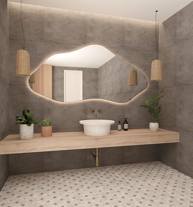 Asymmetrical Bathroom LED Mirror, Modern Irregular Shape Wall Mirror with LED Lights, Frameless Aesthetic Backlit LED Illimunated Vanity Mirror (20" x 10" inc)