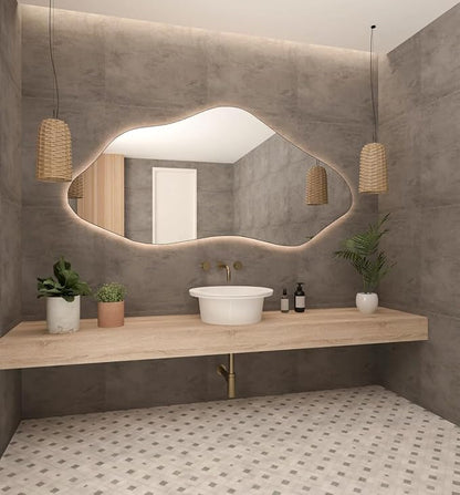 Asymmetrical Bathroom LED Mirror, Modern Irregular Shape Wall Mirror with LED Lights, Frameless Aesthetic Backlit LED Illimunated Vanity Mirror (20" x 10" inc)
