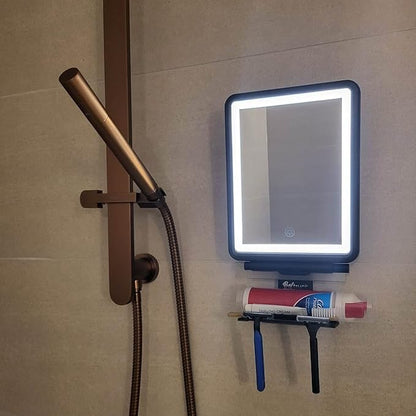 Vanity Mirror with Lights | Fogless Shower Mirror | 3 Light Lightweight Shaving Mirror with A Squeegee | Rust-Proof LED Wall Mirror | Storage Shelf for Bathroom Accessories (Black)