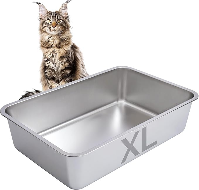 Stainless Steel Cat Litter Box-6" High Side Metal Litter Box,XLarge Stainless Steel LitterBox,Cat LitterBox for Big Cats or Rabbit，Puppy，Non Stick, No Smell, Easy to Clean-Mewly Pet