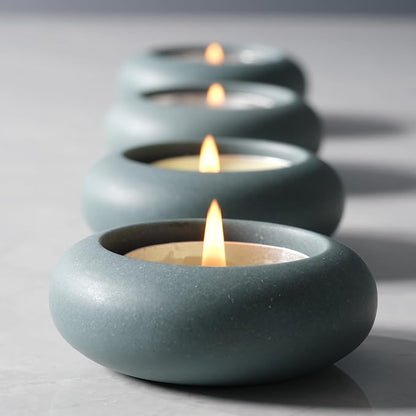 Handmade Decorative Pebble Tealight Candle Holders Set of 8 - Handcrafted Home Decor Accent for Calming Earthy Aesthetic Cement Grey Blue Diameter 2.6 inches