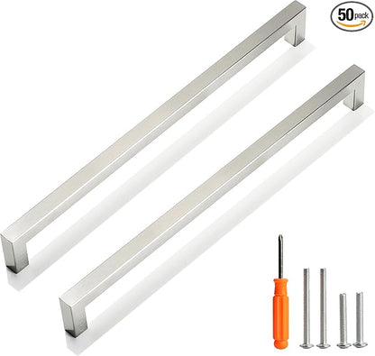 Cabinet Pulls Brushed Nickel Cabinet Handles Square Drawer Pulls, 50 Pack 11-1/3 Inch Stainless Steel Kitchen Door Cupboard Handles, Cabinet Hardware Drawer Handles, 288mm Hole Centers
