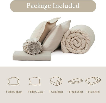 Monbix Twin XL Size Comforter Set - Extra Long 5 Pieces Dorm Bedding Sets, Quilting Design Fluffy Bed in a Bag Twin XL with Sheets, Pillowcase & Sham(Apricot Beige)