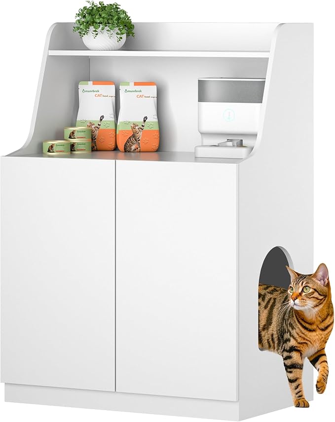 Large/Tall Litter Box Enclosure, Modern Wooden Litter Box Furniture for XL Litterbox with Open Shelf as Sideboard Cabinet (White)-Mewly Pet