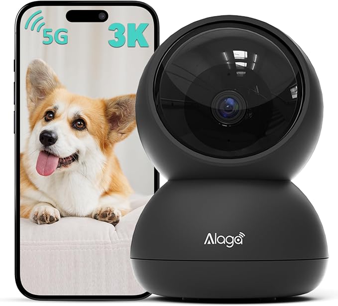 Alaga 3K Pet Camera, Dog Monitor with Phone App, 360° Pan/Tilt, Night Vision, Speaker, WiFi Cameras for Dog/Cat, Compatible with Alexa & Google Assistant, Black, Includes 1-Year Pet Time Album-Mewly Pet