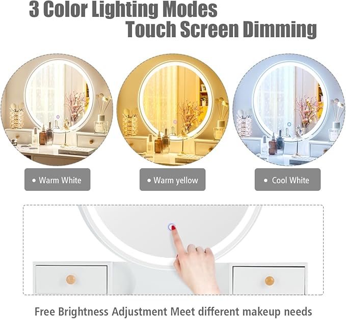 CHARMAID Vanity Set with Lighted Mirror, 3 Color Touch Screen Dimming Mirror, Adjustable Brightness, Bedroom Makeup Dressing Table with 4 Drawers and Cushioned Stool for Girls Women, White & Gray