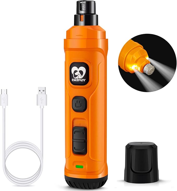 Casfuy Dog Nail Grinder with 2 LED Light - New Version 2-Speed Powerful Electric Pet Nail Trimmer Professional Quiet Painless Paws Grooming & Smoothing for Small Medium Large Dogs and Cats (Orange)-Mewly Pet