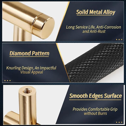 Knurled Cabinet Pulls 2 Pack, 4 Inch Long Cabinet Handles Metal Door Pulls, Kitchen Drawer Pull Knurled Dresser Handles - 3" Hole to Hole, Black & Gold