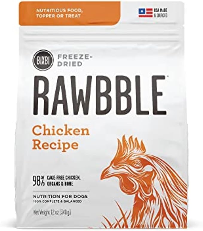 BIXBI Rawbble Freeze Dried Dog Food, Chicken Recipe, 12 oz - 98% Meat and Organs, No Fillers - Pantry-Friendly Raw Dog Food for Meal, Treat or Food Topper - USA Made in Small Batches-Mewly Pet