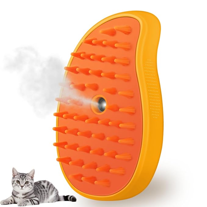 KALAMANDA Cat Steam Brush, 3 in 1 Dog Steamy Brush Cleanser, Silicone Massage Grooming Comb, Pet Hair Cleaning Misting Comb for Cats Dogs(Mango Yellow)-Mewly Pet