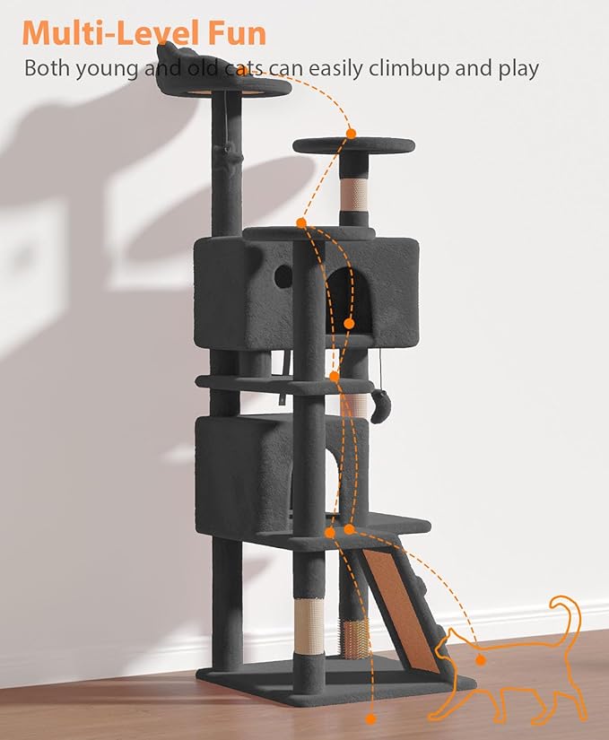 60" Cat Tree Tower for Indoor Cats Large Adult,Cute/Tall Modern Cat Tree for Big Cats 20 lbs, Plush Multi-Level Cat Condo with Scratching Posts,Dangling Ball (Smoky Gray, 60 inch)-Mewly Pet