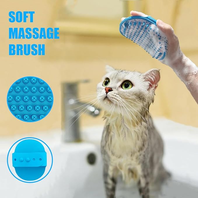 Grooming Brush Kit - 5pcs for Shedding & Matted Fur, Self-Cleaning with Flea Comb for Indoor Long-Haired Cats, Blue-Mewly Pet