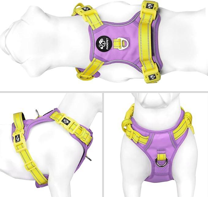 PHOEPET No Pull Dog Harness, Unique Colors Reflective Adjustable Dog Vest, with Soft Training Handle Metal Clips for Small Medium Large Dogs (Baby Purple Base & Yellow Straps,XL)-Mewly Pet