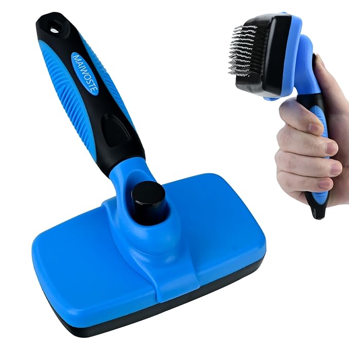 Large Self Cleaning Deshedding Brush for Dogs & Cats - One Button Hair Release Grooming Tool, Gentle Massage Brush for Long and Short Hair (Blue)-Mewly Pet