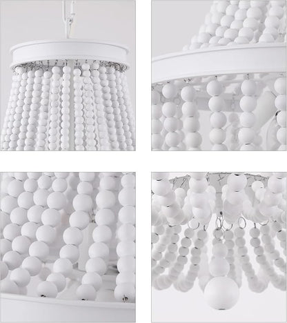 Q&S Beaded Chandelier Farmhouse White Wood Beaded Boho Light Fixture Vintage Antique 8 Lights for Dining Room Nursery Kitchen Foyer Bedroom Living Room UL Listed