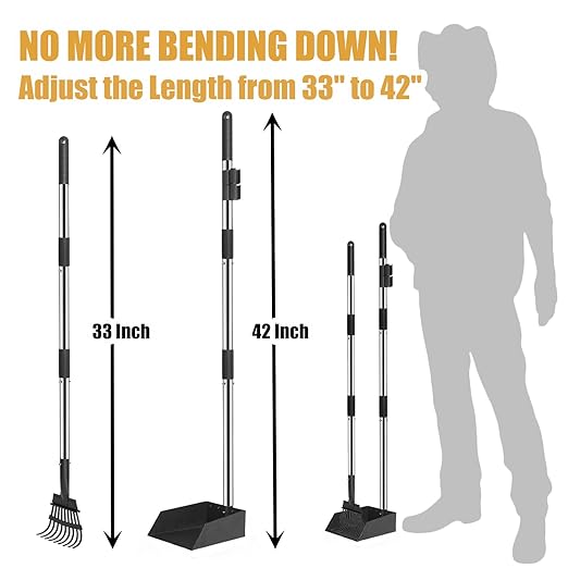 Dog Poop Trash Can Outside Stainless Steel - Metal Pooper Scooper Set - 12L Dog Waste Trash Can Outdoor with Pedal - Backyard, Yard - Removable Inner Bin, Long Handle Tray and Rake - Black and Gold-Mewly Pet