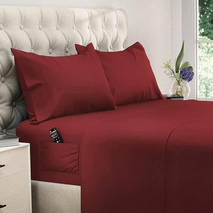 DREAMCARE King Size Sheets Set - Cooling Bed Sheets - 4pcs Set - up to 15" Deep Pocket King Sheet Set – Soft & Long Lasting Cooling - 100% Fine Brushed Polyester with Side Pocket - Burgundy