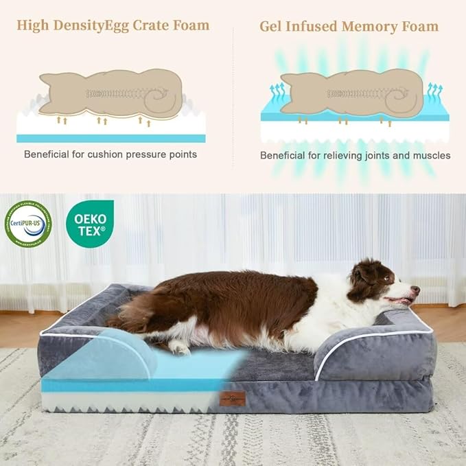 Comfort Expression Dog Beds Memory Foam, XXL Orthopedic Waterproof Dogs Beds, Giant Washable Dog Beds with Bolster & Removable Cover(XX-Large,Leaden Grey)-Mewly Pet