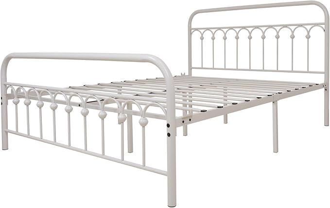 TUSEER Metal Bed Frame Queen Size with Vintage Headboard and Footboard Platform Base Wrought Iron Bed Frame (Queen,White)