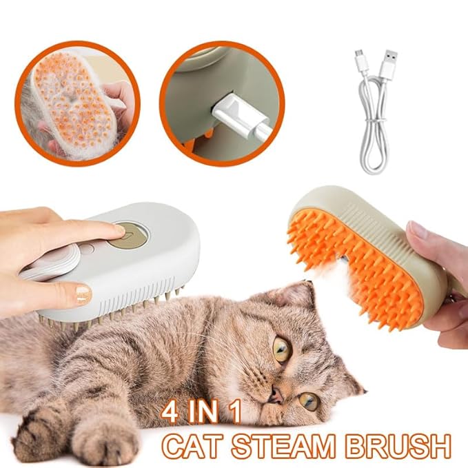 Cat Steam Brush for Shedding, 4 in 1 Rechargeable Pet Steam Brush for Dogs and Cats, Anti-Static, Massage, Cleaning, Shedding & Combing All In One! (Khaki)-Mewly Pet