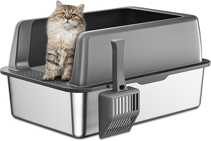 Zarler Stainless Steel Litter Box with Lid, Extra Large Cat Litter Boxes, XL Large Metal Litter Box for Big Cats with High Sided, Grey (Non-Sticky, Easy to Clean, Anti-Urine Leakage)-Mewly Pet