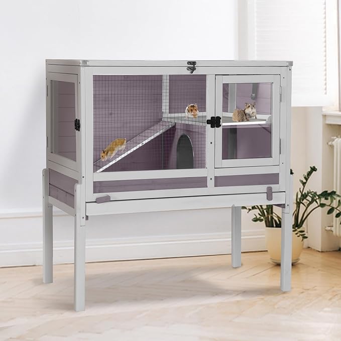 Guinea Pig Cage Indoor with Wheels Rabbit Hutch with Removable Proof Tray and Cool Zinc Plate Chew-Resistant Metal Frame Hamster Cage with Elevated Legs 36.6" L（Grey）-Mewly Pet