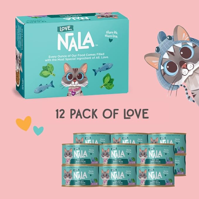 LOVE, NALA - Natural Adult Cat Wet Food - Pate Tuna with Spinach Recipe- Grain Free, Non-GMO, Lean Protein, Iron, Digestive Fiber Blend, Added Minerals & Vitamins - 12 Pack 2.4 lbs.-Mewly Pet