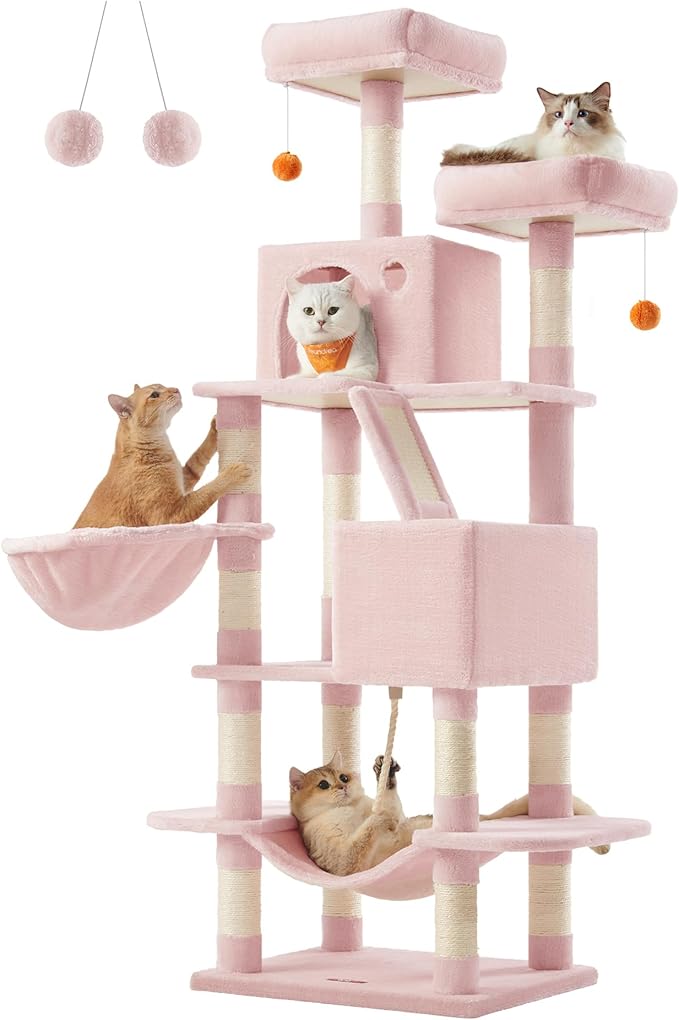 Feandrea Cat Tree, 66.1-Inch Large Cat Tower with 13 Scratching Posts, 2 Perches, 2 Caves, Basket, Hammock, Pompoms, Multi-Level Plush Cat Condo for Indoor Cats, Jelly Pink UPCT165P01-Mewly Pet