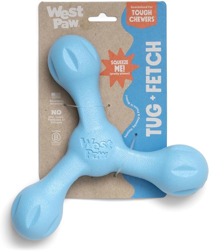 WEST PAW Zogoflex Air Skamp Tug-of-War Stick Dog Chew Toy – Hollow, Squishy Interactive Toy for Dogs, Puppies – for Chewing, Catch, Carry, Fetch, Dishwasher Safe, Latex-Free, Large 8.5", Aqua Blue-Mewly Pet