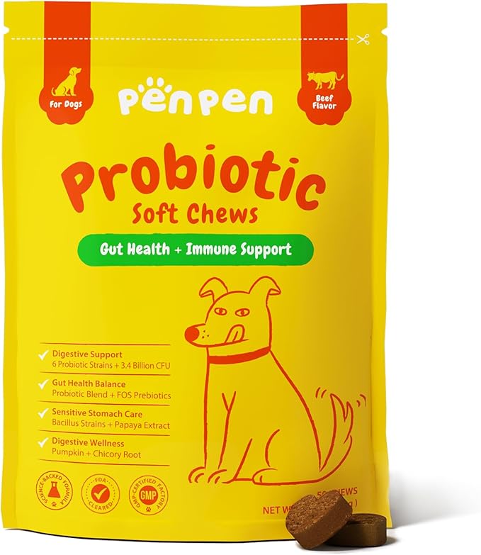 Penpen Probiotics for Dogs, Dogs Probiotics for Digestive Health, Multi-Probiotic and Enzyme Blend Promote Gut Health & Immune Support, Eases Sensitive Stomachs (Beef Chews, 50ct)-Mewly Pet