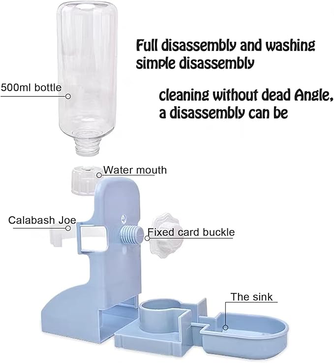 HERCOCCI PET Feeder and Water Bottle Set, Large Blue (500ml), Durable Hay Food Bin Feeder, Food Bowl, Gravity-Fed Water Dispenser for Rabbit, Guinea Pig, Chinchilla-Mewly Pet