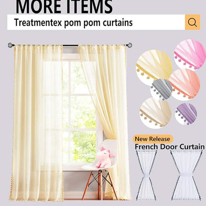 Treatmentex White Linen Sheer Curtains for Living Room 95" Long Colorful Pompoms Kids Window Draperies for Nursery Room Baby Voiles 2 Panels