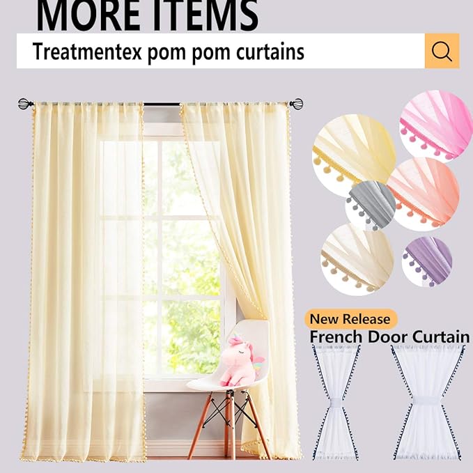 Treatmentex Pompom Sheer White Curtains for Living Room Kid's Room 72" Window Voile Drapes Slub Linen Texture Bedroom Curtains 2 Pack Rod Pocket