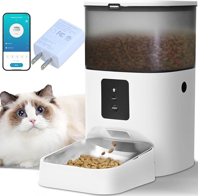 2.4G WiFi Automatic Cat Feeder, 4L Food Dispenser with 10s Voice Recorder, Pet Feeder up to 10 Meals per Day, Timed Cat Feeder with Dry Food Sealed Ring (White, 4L-WiFi)-Mewly Pet