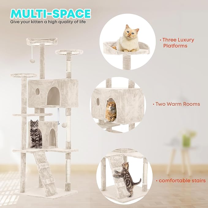 FDW Cat Tree 70in Cat Tower Multi-Level Durable Cat Scratching Post & Cozy Fun Cat Jumping Platform Space Saving Cat Condo Pet Play House for Indoor Cats,Beige-Mewly Pet