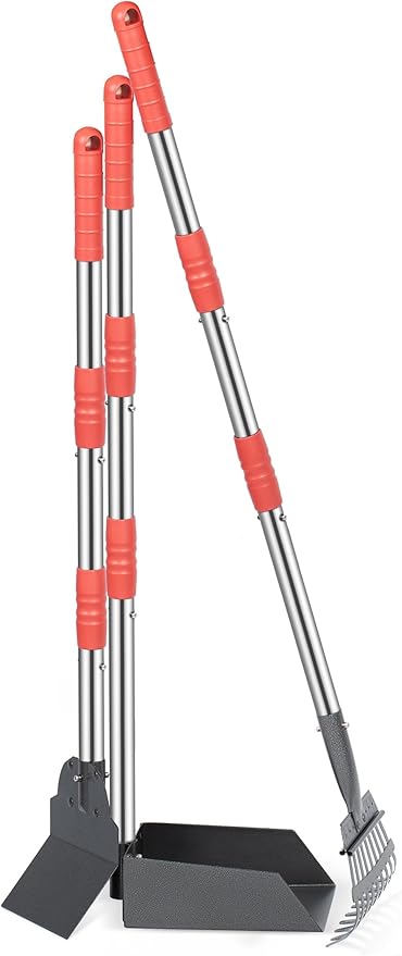 Heeyoo Dog Pooper Scooper, Dog Poop Tray and Rake Set, Pet Waste Removal Scoop with Long Adjustable Sectional Stainless Handles-Mewly Pet