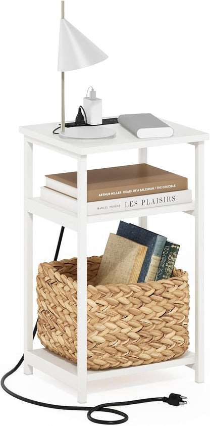 Furinno Moretti Side Table, 3-Tier End Table with Charging Station, Metal Frame Night Stand, Bedside Table with USB and Type-C Charging Port, for Living Room, Bedroom, White