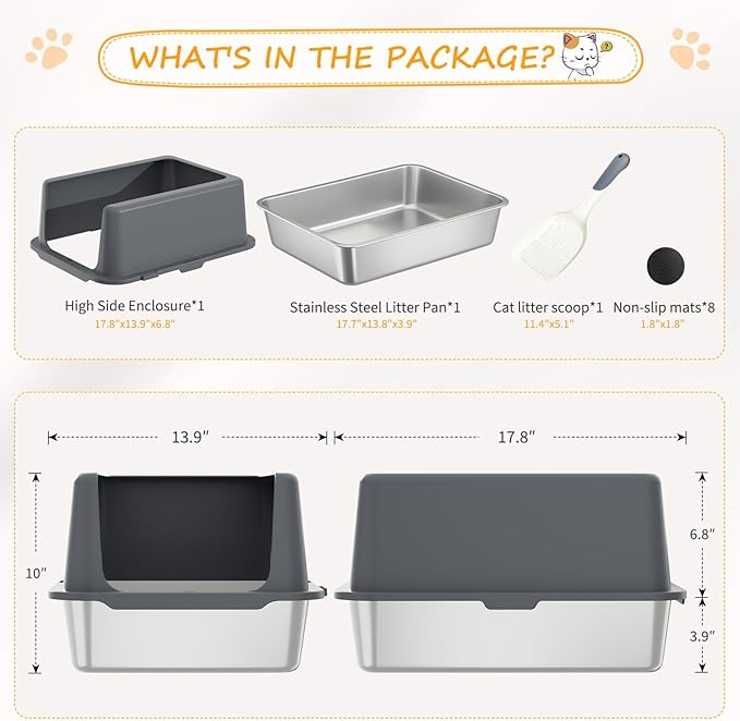 Stainless Steel cat Litter Box, Covered Metal Litter Box, cat Litter Pans with high Sides, Kitty Litter Boxes for Indoor Cats (Non Sticky, Easy to Clean, Anti-Urine Leakage) 17.5" L x 13.5" W x 4" H-Mewly Pet