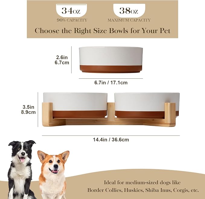 MALACASA Ceramic Dog Bowls, Dog Bowls for Medium Sized Dogs with Wood Stand - Pet Food & Water Bowl Set for Cat Medium Dogs, Weighted Glaze Matte.34 OZ (M-3.5 Cups)-Mewly Pet