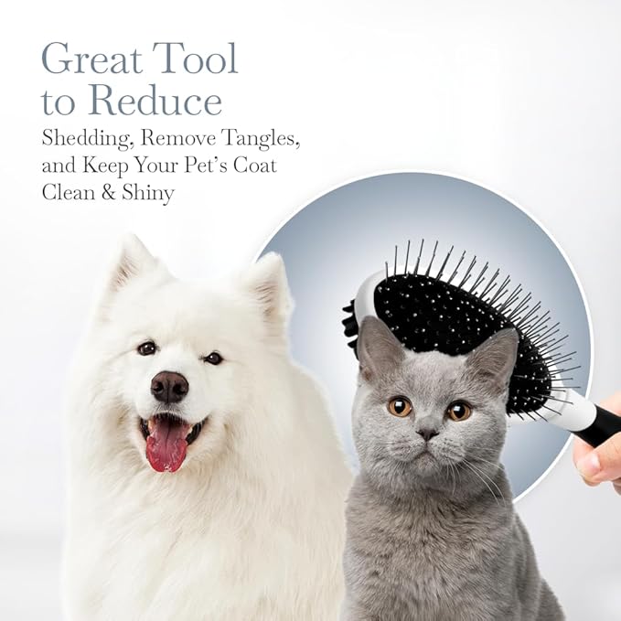 Fuller Brush 2-in-1 Double-Sided Pet Brush - Electroplated Round-Ended Steel Pins Positioned Into a Flexible Cushion on One Side & Nylon Bristles - Remove Shedding - Tool For Grooming Dogs & Cats-Mewly Pet