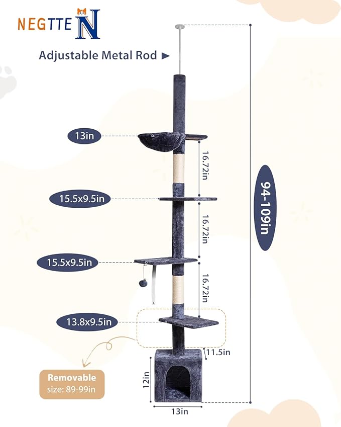 Floor to Ceiling Cat Tree, 5-Tier Height (95-109 inches) - Adjustable Cat Climbing Tower with Sisal Scratching Posts, Cat Condo, Hammock, Platforms, and Hanging Balls-Mewly Pet